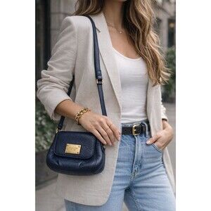 Michael Kors Blue Pebbled Leather Crossbody Bag Gold Logo Small Y2k